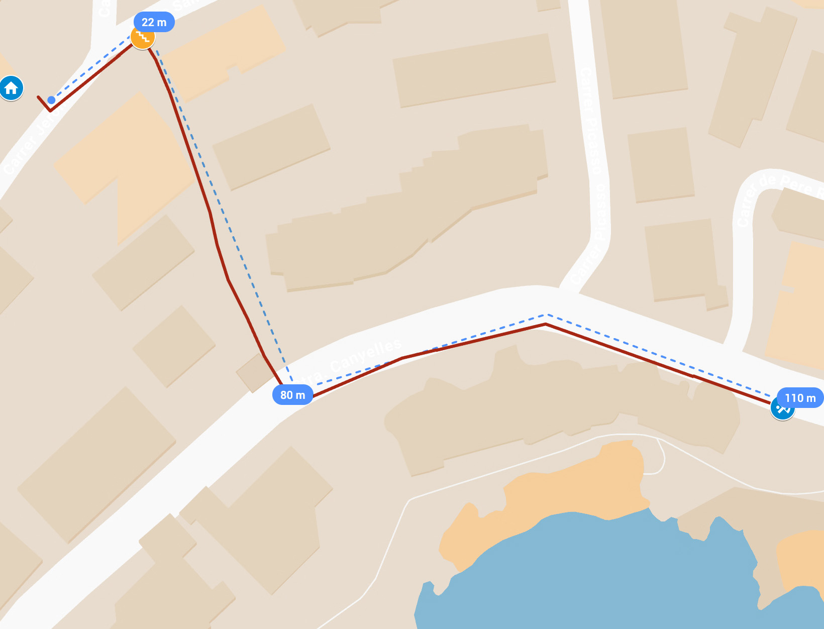 Mapa de acceso a playa de Canyelles Petites desde apartamentos Casdanna